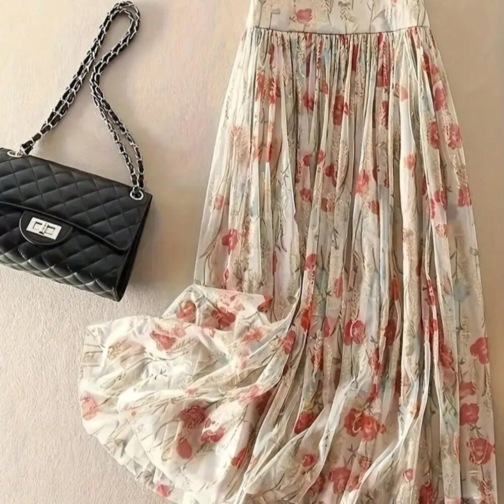 Apricot Elegant Bohemian Women's Double-Layer Mesh Foil Pleated Skirt - Picture 3 of 7